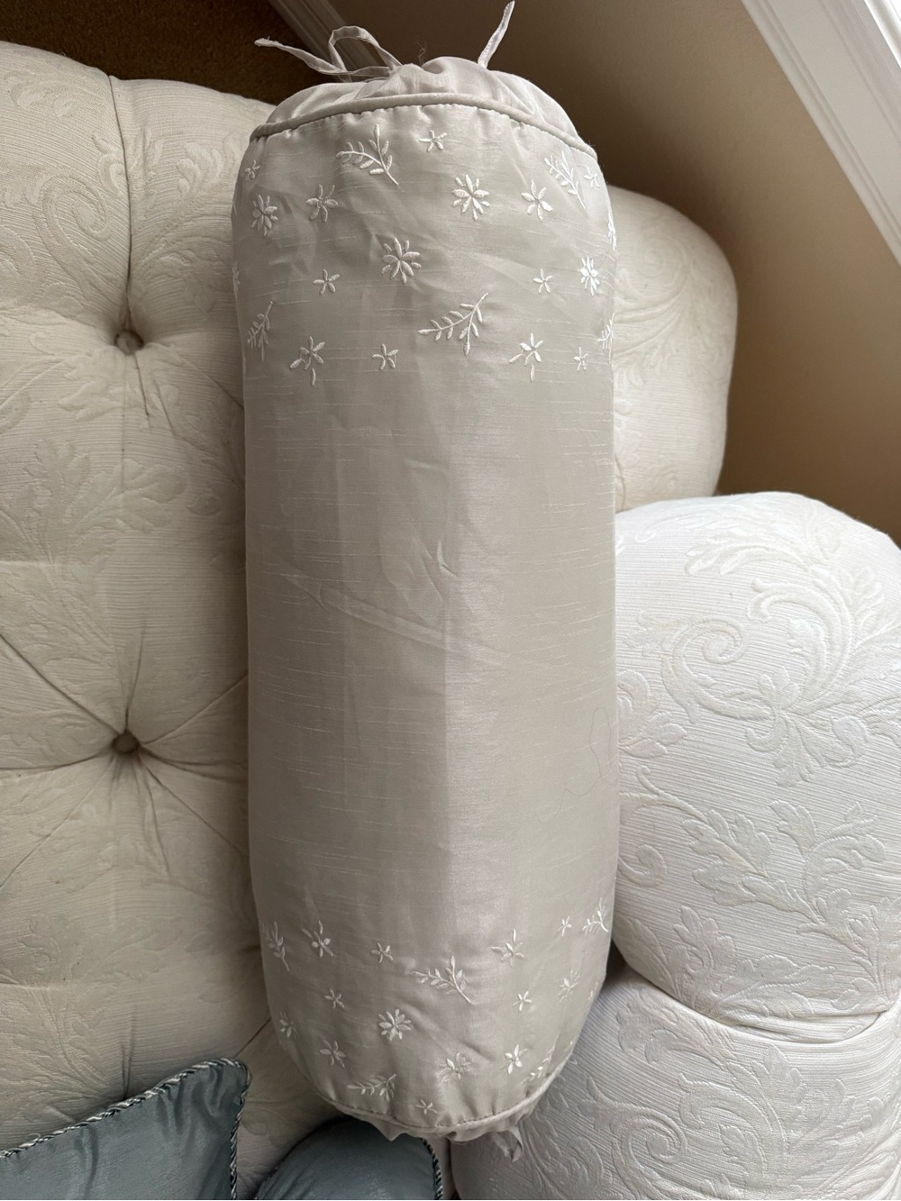 Embroidered Decorative Bolster Pillow - Cream